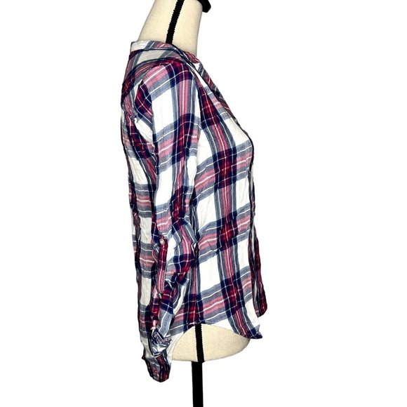 NSR Blue Pink Plaid 3/4 Sleeve Partial Button Down Popover Casual Top Size S - Picture 2 of 7